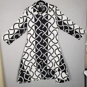 Step In Style Long Sleeve Shirt Dress Black White Geometric Artsy High Low Midi
